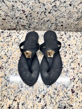 Versace Black Thong Sandals with Gold Medusa Emblem size 6.5